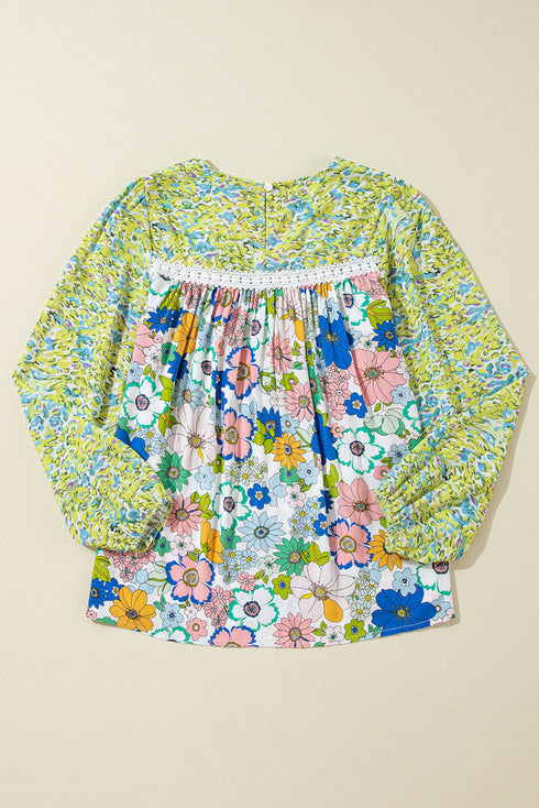 Mixed Print Lace Trim Long Sleeve Boho Blouse