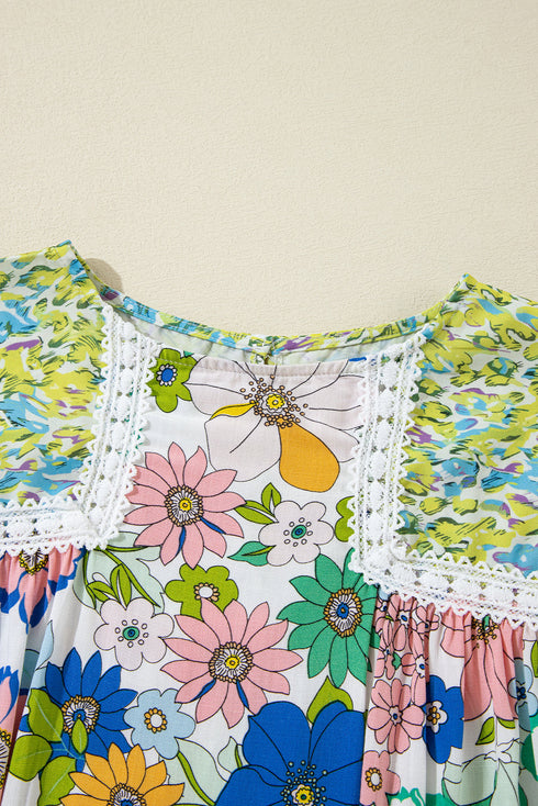 Mixed Print Lace Trim Long Sleeve Boho Blouse