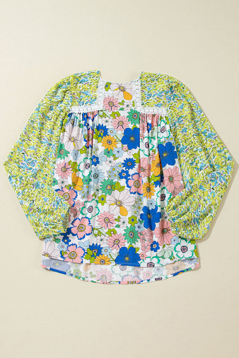 Mixed Print Lace Trim Long Sleeve Boho Blouse