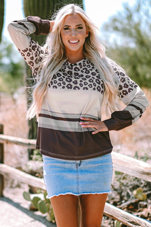 Mixed Print Leopard Pattern Crew Neck Top