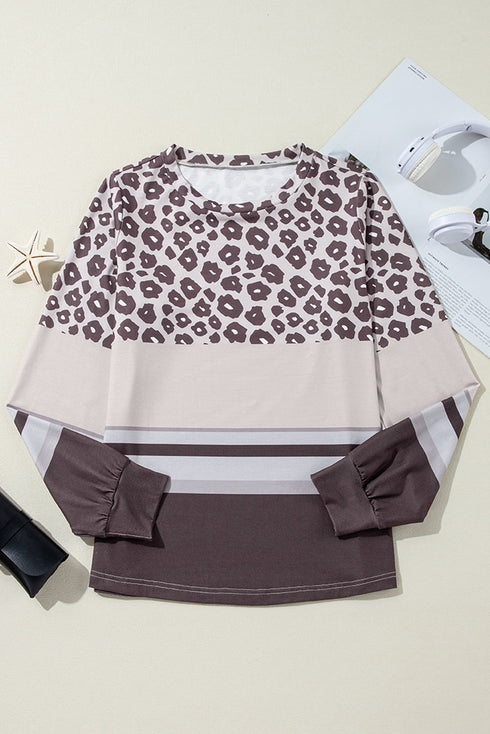 Mixed Print Leopard Pattern Crew Neck Top