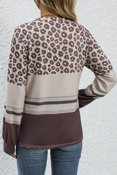 Mixed Print Leopard Pattern Crew Neck Top