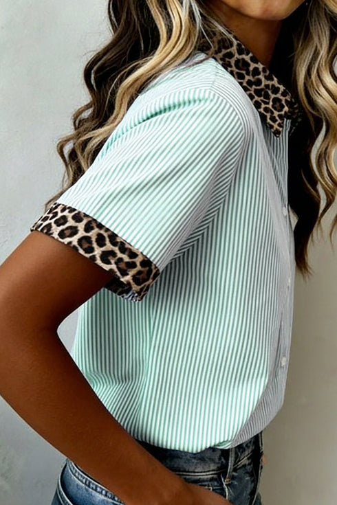 Mixed Print Leopard Stripe Contrast Collar Western Shirt