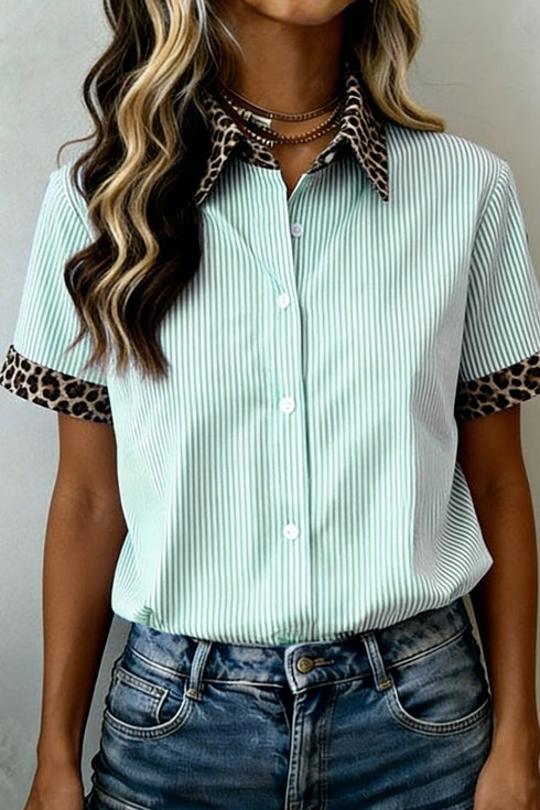 Mixed Print Leopard Stripe Contrast Collar Western Shirt