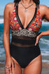 Mixed Print Mesh Panel Plunge Neck One Piece Swimsuit