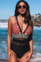 Mixed Print Mesh Panel Plunge Neck One Piece Swimsuit