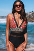 Mixed Print Mesh Panel Plunge Neck One Piece Swimsuit