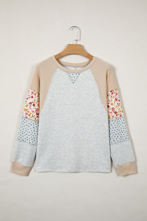Mixed Print Patchwork Exposed Seam Raglan Pullover Top