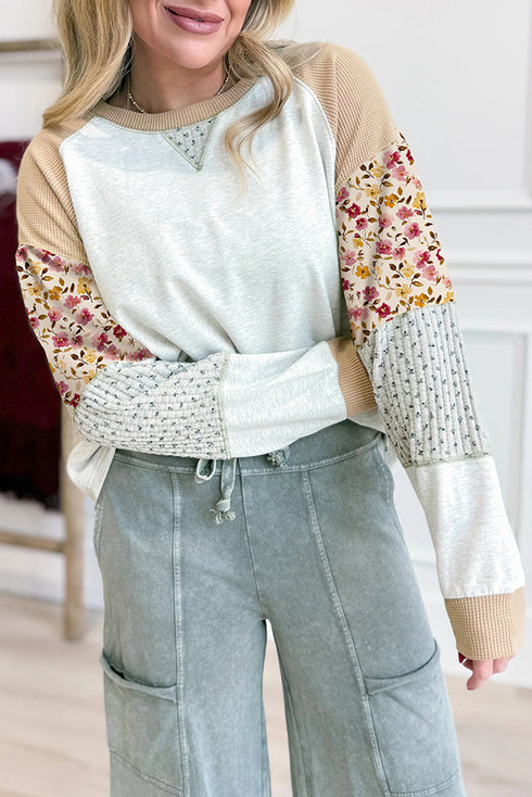 Mixed Print Patchwork Exposed Seam Raglan Pullover Top