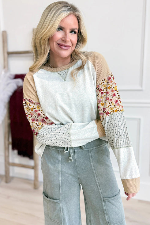 Mixed Print Patchwork Exposed Seam Raglan Pullover Top