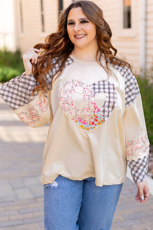 Mixed Print Patchwork Heart Graphic Long Sleeve Top