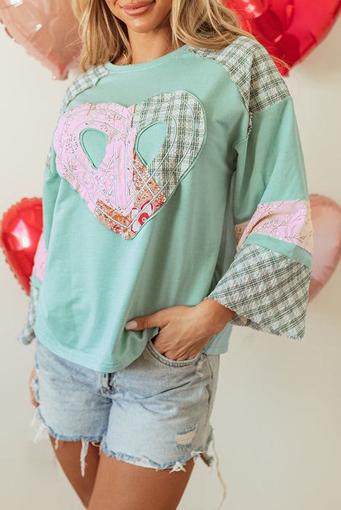 Mixed Print Patchwork Heart Graphic Long Sleeve Top