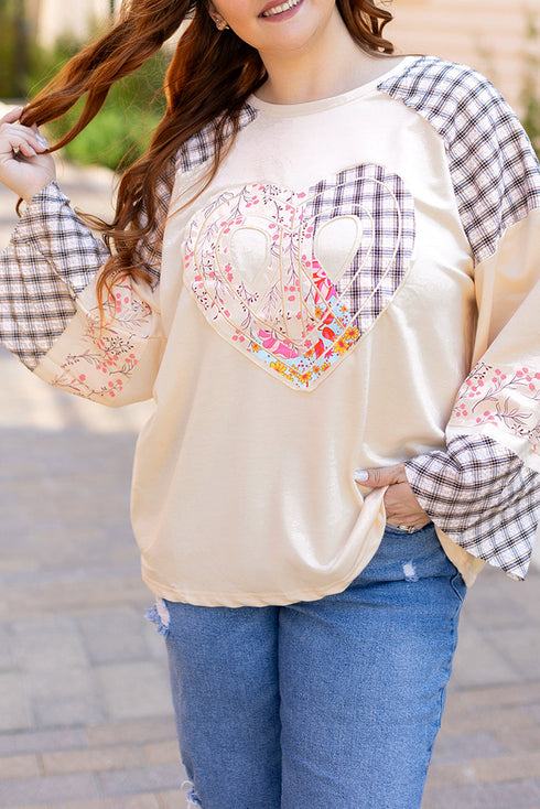 Mixed Print Patchwork Heart Graphic Long Sleeve Top