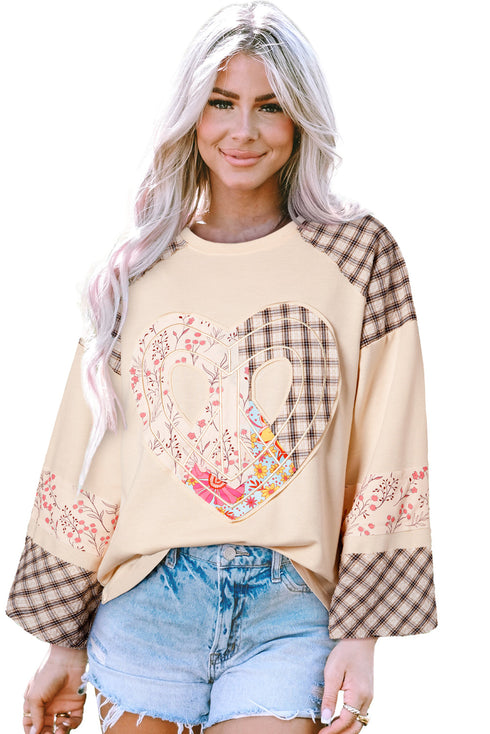 Mixed Print Patchwork Heart Graphic Long Sleeve Top
