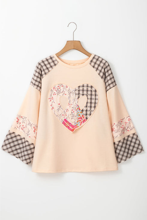 Mixed Print Patchwork Heart Graphic Long Sleeve Top