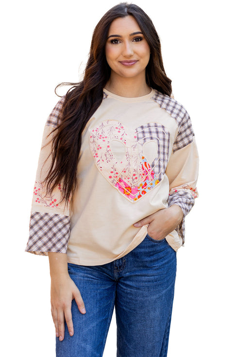 Mixed Print Patchwork Heart Graphic Long Sleeve Top