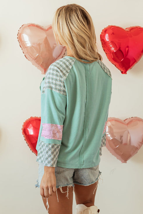 Mixed Print Patchwork Heart Graphic Long Sleeve Top