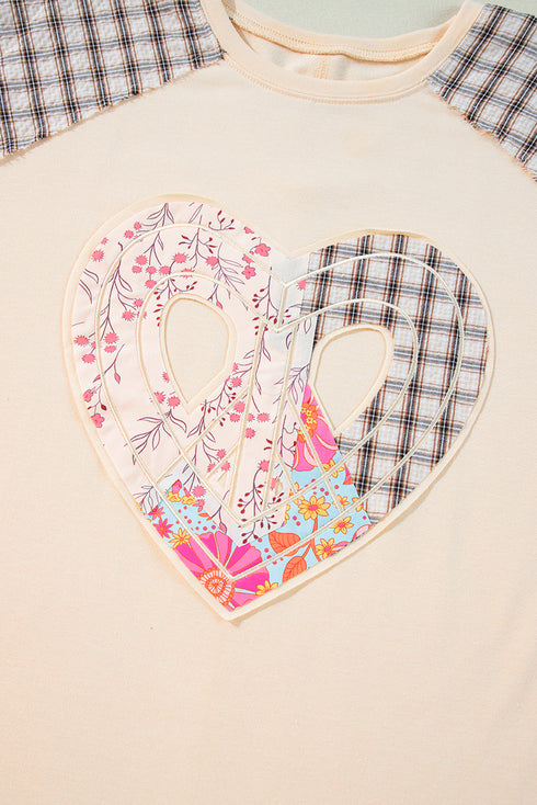 Mixed Print Patchwork Heart Graphic Long Sleeve Top