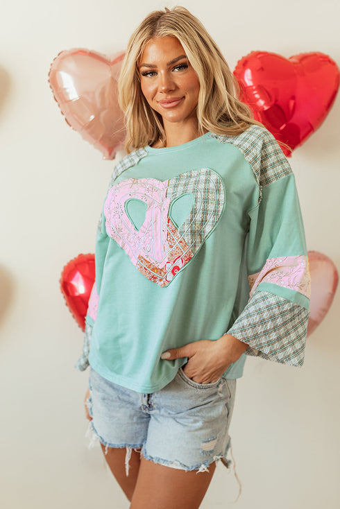 Mixed Print Patchwork Heart Graphic Long Sleeve Top