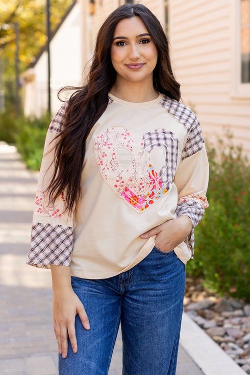 Mixed Print Patchwork Heart Graphic Long Sleeve Top