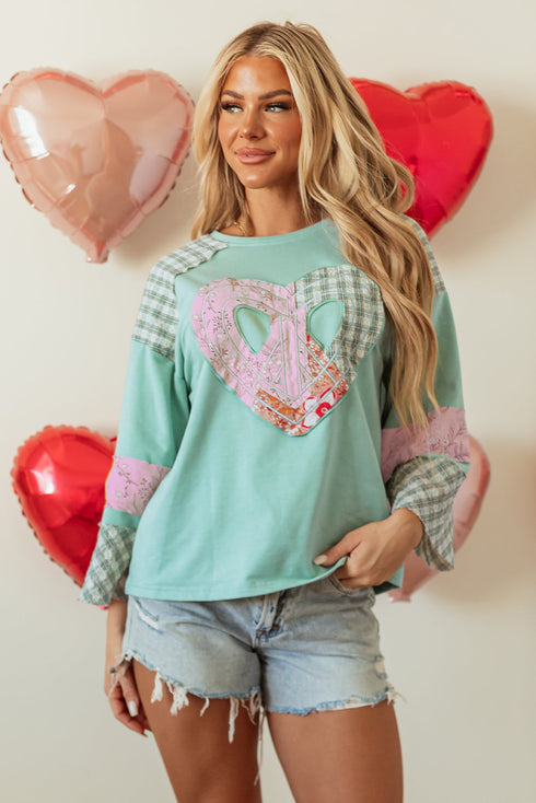 Mixed Print Patchwork Heart Graphic Long Sleeve Top