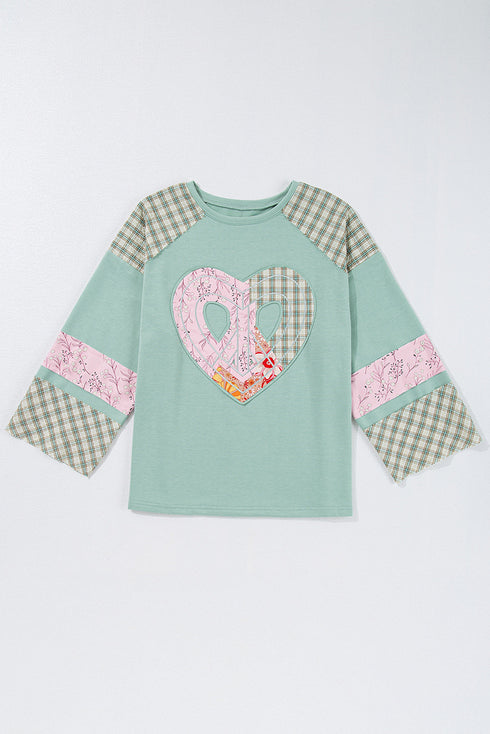Mixed Print Patchwork Heart Graphic Long Sleeve Top