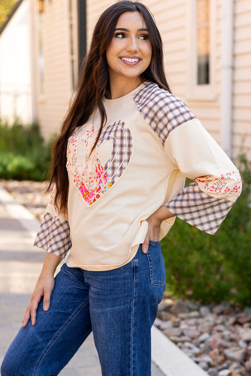 Mixed Print Patchwork Heart Graphic Long Sleeve Top