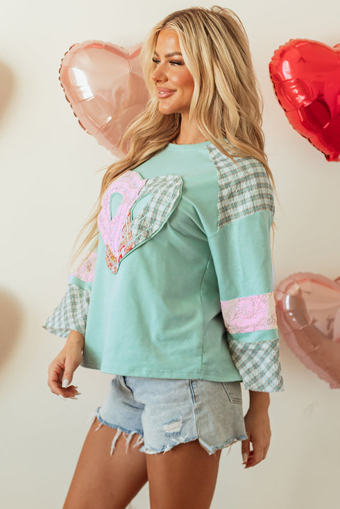 Mixed Print Patchwork Heart Graphic Long Sleeve Top