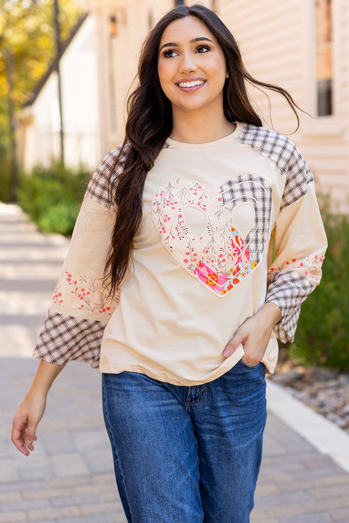 Mixed Print Patchwork Heart Graphic Long Sleeve Top