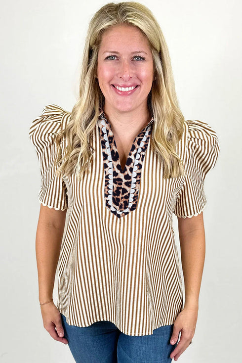 Mixed Print Patchwork Puff Sleeve Ricrac Trim Collared Blouse