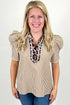 Mixed Print Patchwork Puff Sleeve Ricrac Trim Collared Blouse