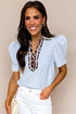 Mixed Print Patchwork Puff Sleeve Ricrac Trim Collared Blouse