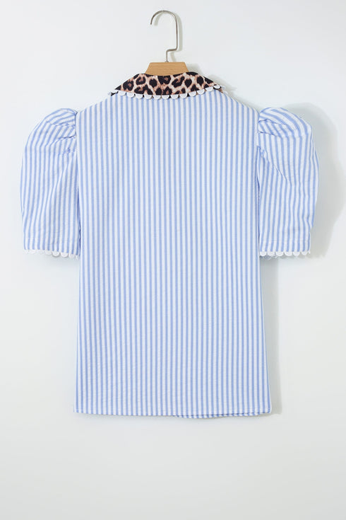 Mixed Print Patchwork Puff Sleeve Ricrac Trim Collared Blouse