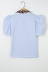 Mixed Print Patchwork Puff Sleeve Ricrac Trim Collared Blouse