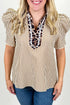 Mixed Print Patchwork Puff Sleeve Ricrac Trim Collared Blouse