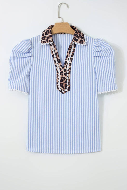 Mixed Print Patchwork Puff Sleeve Ricrac Trim Collared Blouse