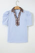 Mixed Print Patchwork Puff Sleeve Ricrac Trim Collared Blouse