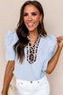 Mixed Print Patchwork Puff Sleeve Ricrac Trim Collared Blouse