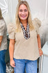 Mixed Print Patchwork Puff Sleeve Ricrac Trim Collared Blouse