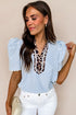 Mixed Print Patchwork Puff Sleeve Ricrac Trim Collared Blouse