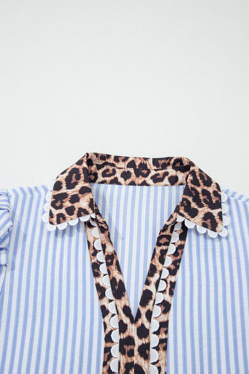 Mixed Print Patchwork Puff Sleeve Ricrac Trim Collared Blouse