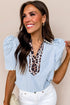 Mixed Print Patchwork Puff Sleeve Ricrac Trim Collared Blouse