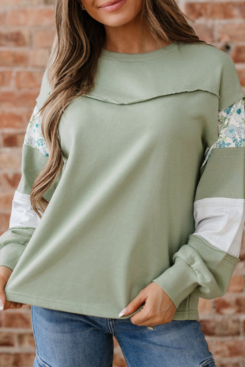 Mixed Print Patchwork Raw Edge Relaxed French Terry Top