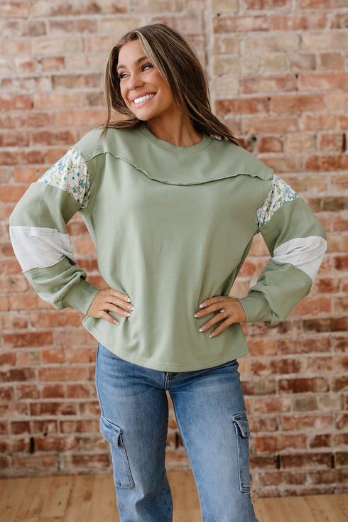 Mixed Print Patchwork Raw Edge Relaxed French Terry Top