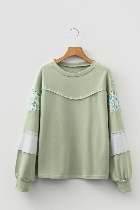 Mixed Print Patchwork Raw Edge Relaxed French Terry Top