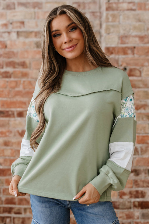 Mixed Print Patchwork Raw Edge Relaxed French Terry Top