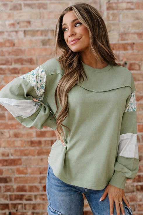 Mixed Print Patchwork Raw Edge Relaxed French Terry Top