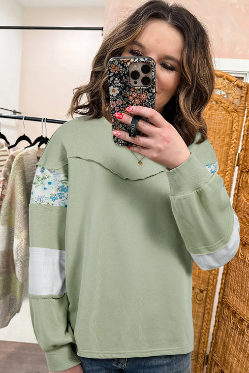 Mixed Print Patchwork Raw Edge Relaxed French Terry Top