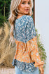 Mixed Print Patchwork Ruffled Hem Round Neck Blouse