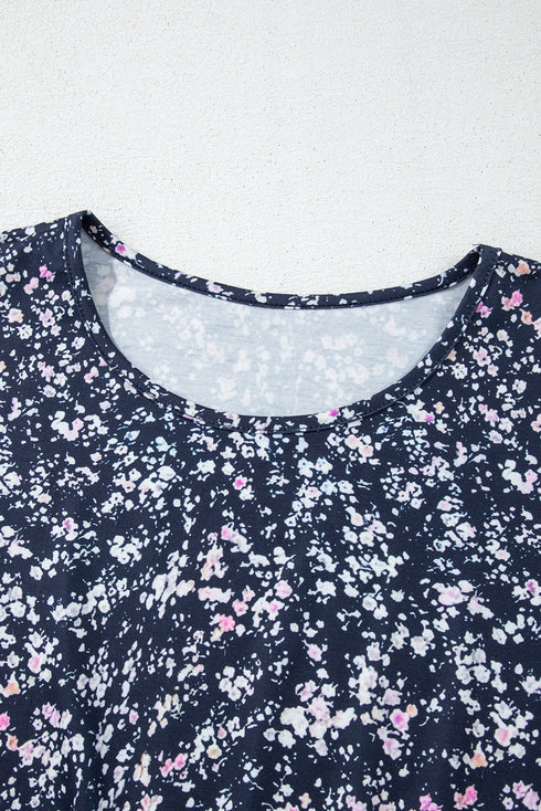 Mixed Print Patchwork Ruffled Hem Round Neck Blouse